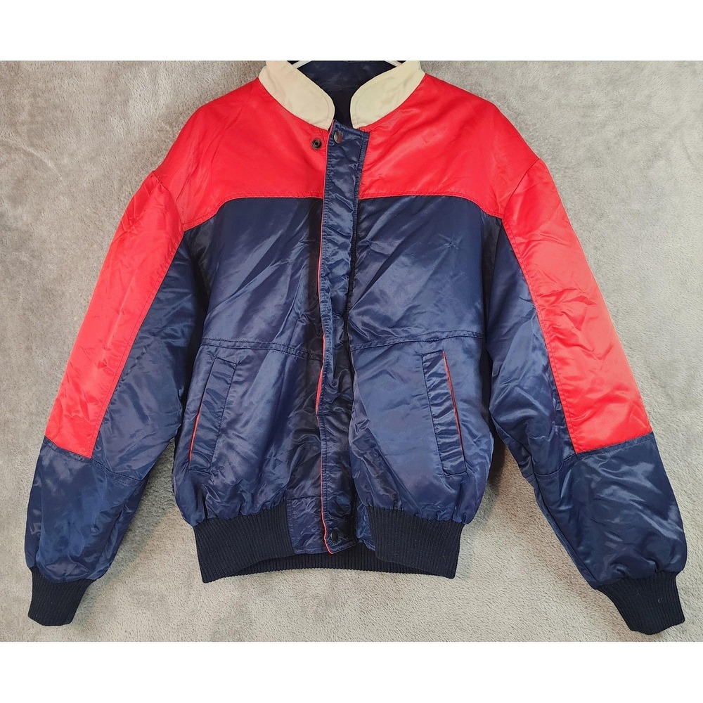 Mens Jacket Large Blue Red Bomber Puffer Quilted Lined Outdoor 80s Retro Vintage